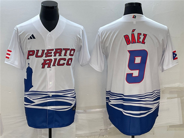 Men's Puerto Rico Baseball #9 Javier B??ez 2023 White World Baseball Classic Stitched Jersey